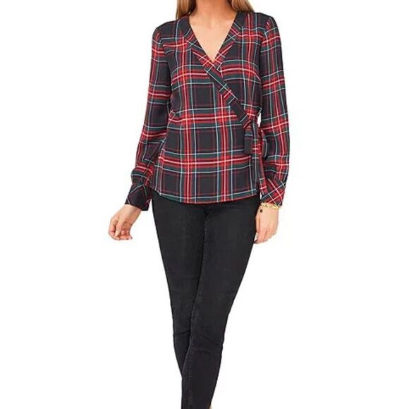 Vince Camuto - Festive Plaid Print V-Neck Long Sleeve Tie Wrap Blouse - Picture 1 of 4